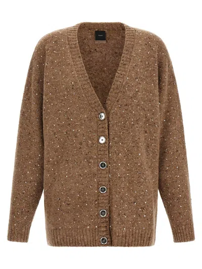 Pinko Bouclé Fabric Cardigan With Rhinestones In Brown