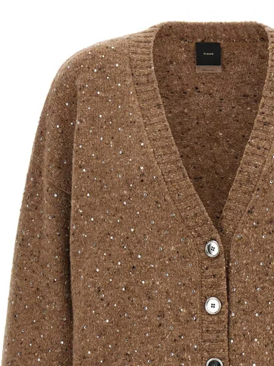 Pinko Bouclé Fabric Cardigan With Rhinestones In Brown