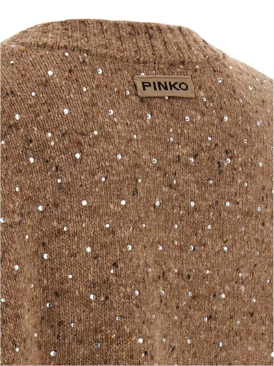 Pinko Bouclé Fabric Cardigan With Rhinestones In Brown