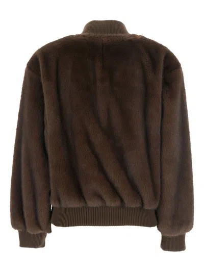 P.a.r.o.s.h . Faux Fur Bomber Jacket With Textured Appearance And Ribbed Details In Brown