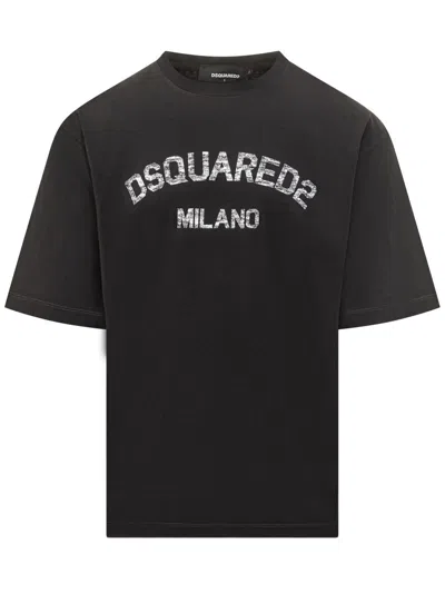 Dsquared2 Loose Fit Tee Logo Dsq2 Milano Sbiadito Effetto Texture Jersey Di Cotone T-shirt In Black