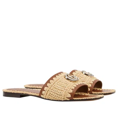 Gucci Woven Raffia Slides Embellished Detail In Animal Print | ModeSens