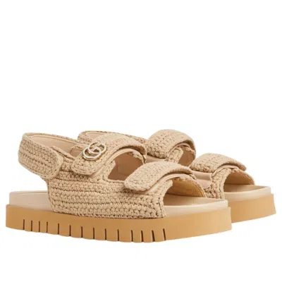 Gucci Women Beige Crochet Sandals In Neutral