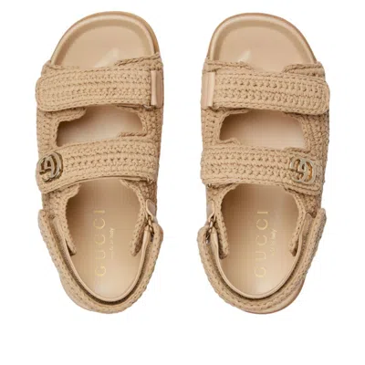 Gucci Women Beige Crochet Sandals In Neutral