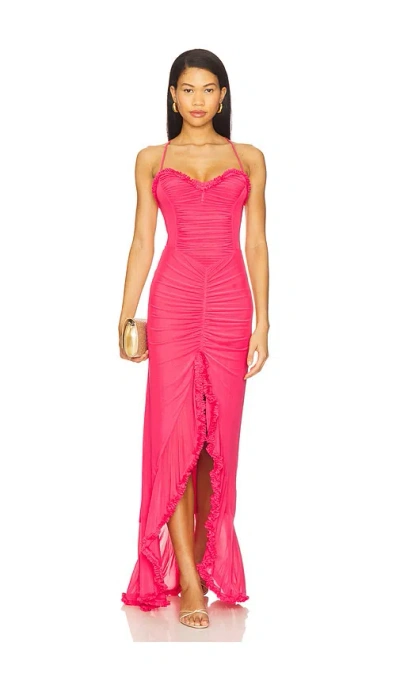 Afrm Cassian Ruched Detail Crossback Mesh Gown In Pink