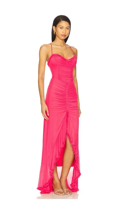 Afrm Cassian Ruched Detail Crossback Mesh Gown In Pink