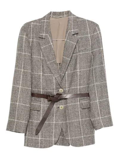 Brunello Cucinelli Belted Checked Wool Jacket With Pockets In Gray
