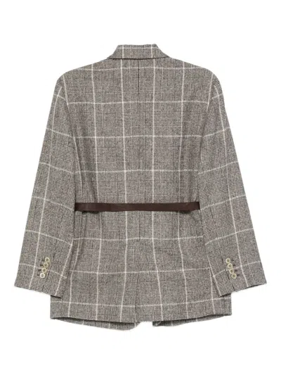 Brunello Cucinelli Belted Checked Wool Jacket With Pockets In Gray
