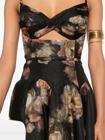 Zimmermann Hypnotic Embellished Belted Cutout Linen And Silk-blend Midi Dress In Multi