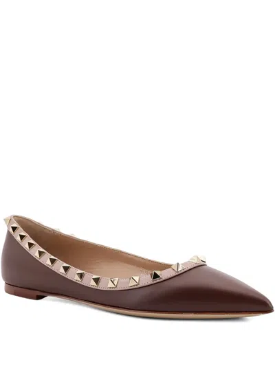 Valentino Garavani Studded Leather Ballerinas Pointed Toe In Brown