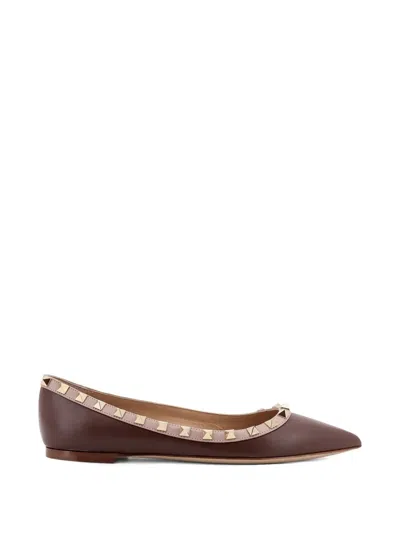 Valentino Garavani Studded Leather Ballerinas Pointed Toe In Brown