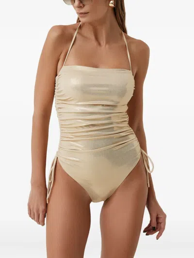 Sofia Erhan Shimmer-effect Drawstring Swimsuit In Neutral