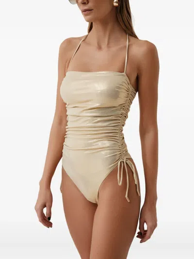 Sofia Erhan Shimmer-effect Drawstring Swimsuit In Neutral