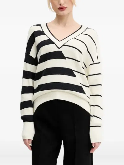 Desigual Variegated Stripe V-neck Sweater In White