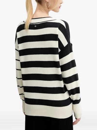 Desigual Variegated Stripe V-neck Sweater In White