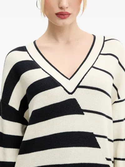 Desigual Variegated Stripe V-neck Sweater In White