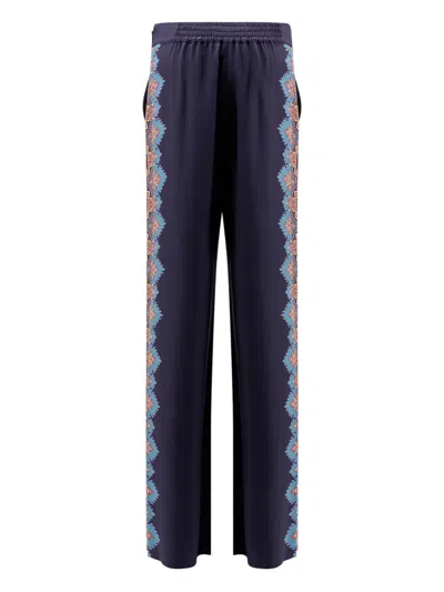 Etro Floral Print Silk Trousers In Blue
