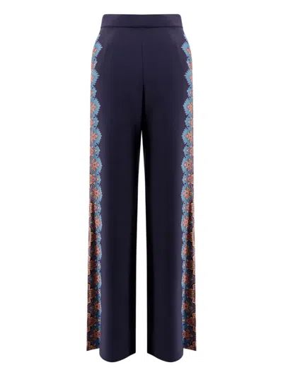Etro Floral Print Silk Trousers In Blue
