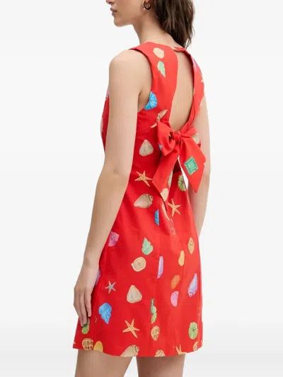 贝壳印花蝴蝶结迷你连衣裙