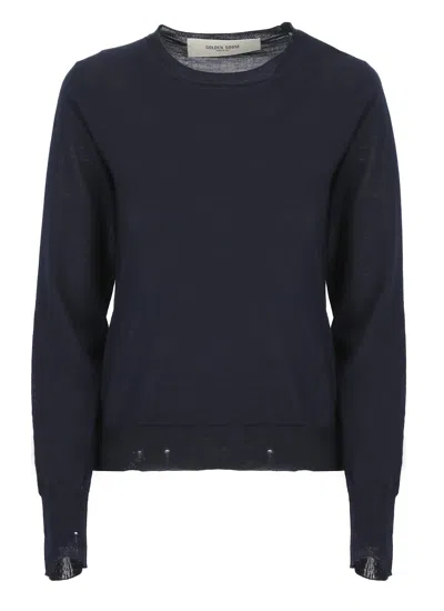 Golden Goose Black Merino Wool Sweater With Golden Applications For Women In Blue