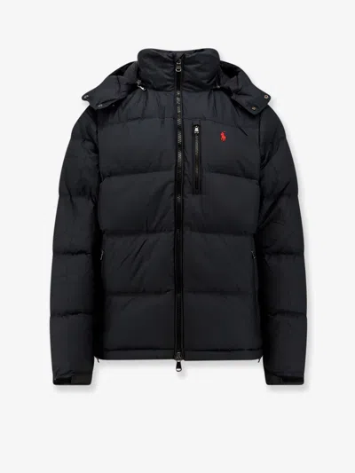 Polo Ralph Lauren Blue Down Jacket With Fixed Hood And Embroidered Pony Logo On Chest In Tech Fabric Man In Black