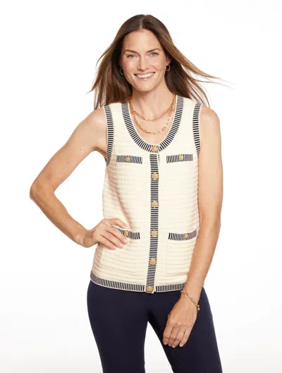 Talbots Plus Size - Plaited Trim Sweater Vest - Ivory/indigo Blue - 2x - 100% Cotton