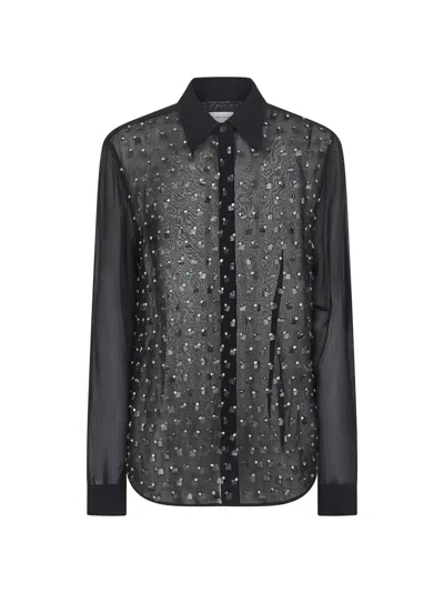 Dries Van Noten Women Blue Shirt With Pointed Collar And All-over Crystal Application In Viscose Wom In Blue