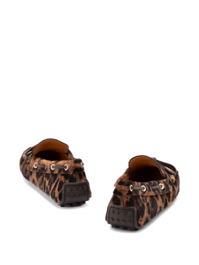 Tod's Leopard Print Leather Slip-on Loafers With Signature Rubber Outsole In Animal Print