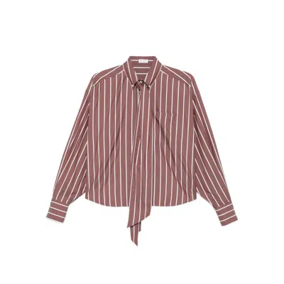 Brunello Cucinelli Striped Tie-neck Top In Pink