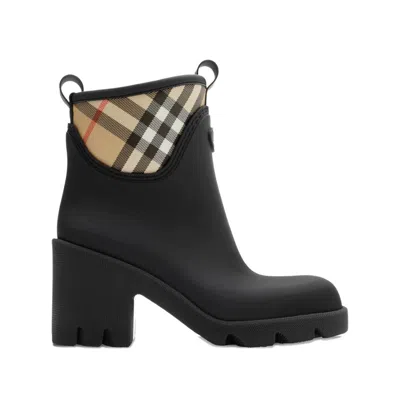 Burberry Marsh Stamp Checked Nylon-trimmed Rubber Ankle Boots In Black