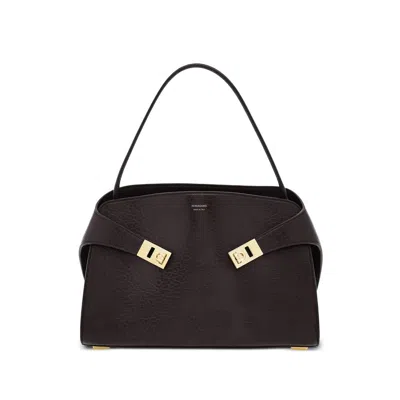 Ferragamo Structured Handbag With Fold-over Design And Gold-tone Hardware In Neutral