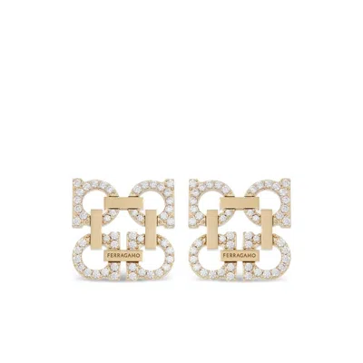 Ferragamo Crystal Embellished Four Gancini Clip On Earrings In Gold