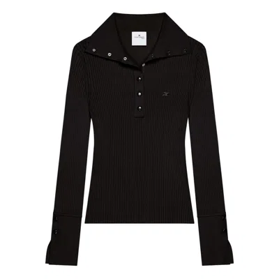 Courrèges Fitted Ribbed Long-sleeve Top With Unique Collar In Black