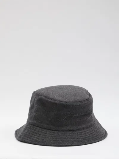 Jacquemus Le Bob Embroidered Wool Bucket Hat In Gray
