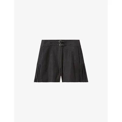 Claudie Pierlot Womens Gris Chine Fonce Wide-pleated Buckled Wool Blend Shorts In Black