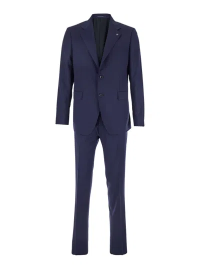 Tagliatore Blue Single-breasted Suit With Notched Revers And Brooch Detail On The Front In Wool Man In Blue