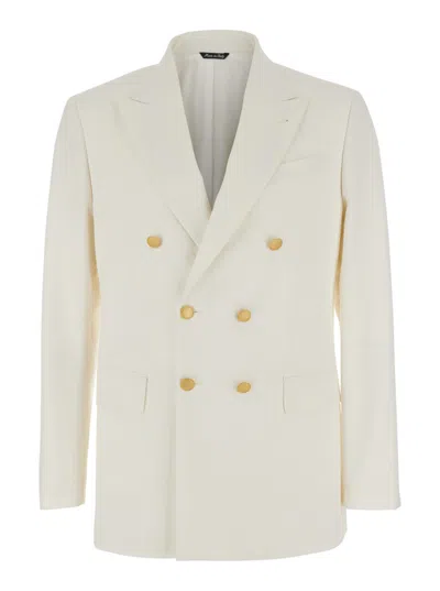 Reveres 1949 White Double Breasted Jacket With Peak Lapels In Virgin Wool And Cotton Blend Woman In Multi