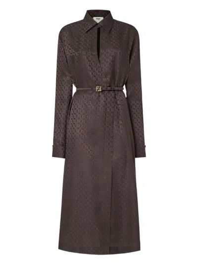 Fendi Ff Jacquard Silk Midi Shirt Dress In Brown
