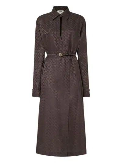 Fendi Ff Jacquard Silk Midi Shirt Dress In Brown