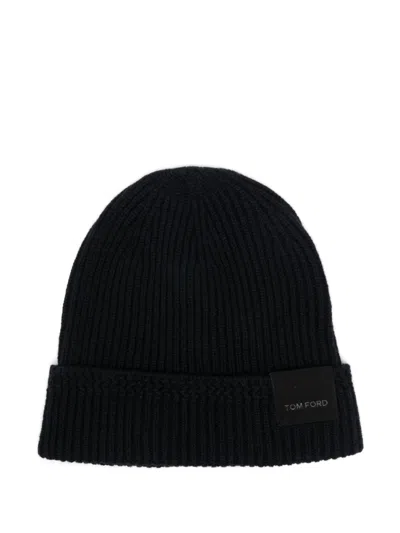 Tom Ford Mens Black Logo-patch Ribbed Cashmere-knit Beanie Hat In Black