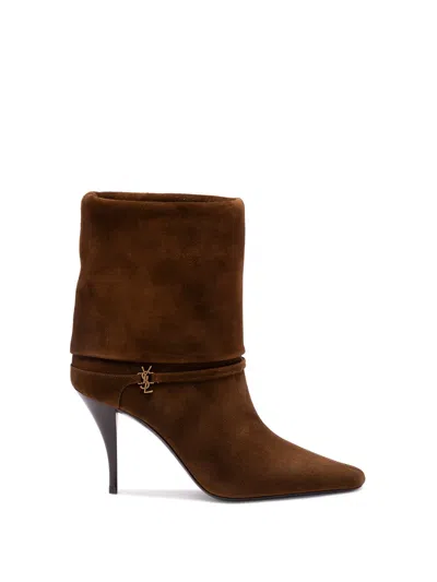 Saint Laurent Niki Suede Ysl Stiletto Ankle Booties In Brown