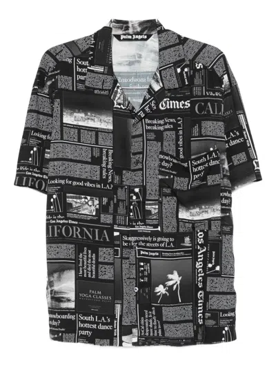 Palm Angels Newspaper Motif Short-sleeved Shirt In Black