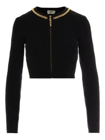 Elisabetta Franchi Diamond Knit Cardigan With Black Jewel Detail In Black