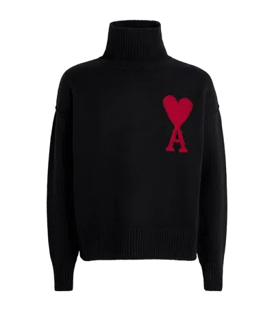 Ami Alexandre Mattiussi Relaxed Fit Black Wool Turtleneck Sweater With Graphic Heart Motif In Black