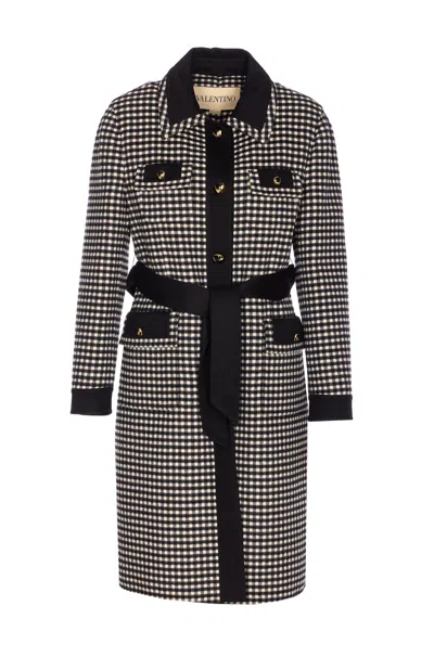 Valentino Womens Avorio Nero Gingham-pattern Wool And Cashmere-blend Coat In Gray