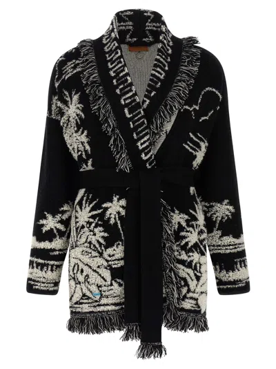 Alanui Black Cardigan With Tropical Pattern And Fringes In Multi