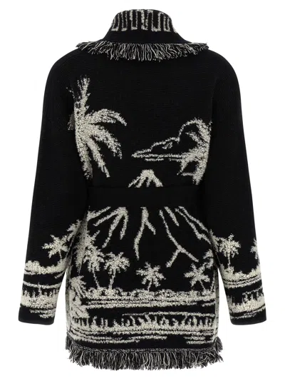 Alanui Black Cardigan With Tropical Pattern And Fringes In Multi