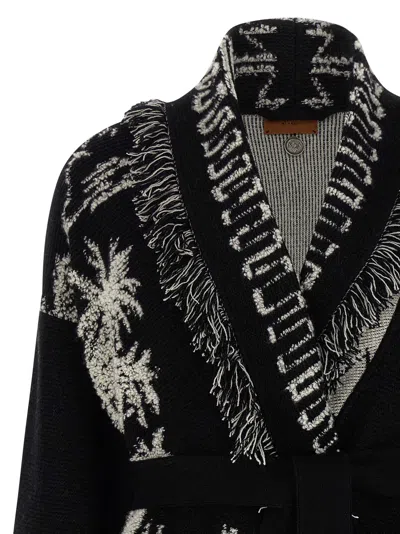 Alanui Black Cardigan With Tropical Pattern And Fringes In Multi
