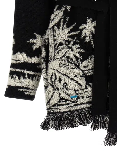 Alanui Black Cardigan With Tropical Pattern And Fringes In Multi