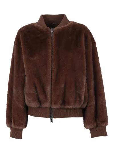 P.a.r.o.s.h . Faux Fur Bomber Jacket With Textured Appearance And Ribbed Details In Brown